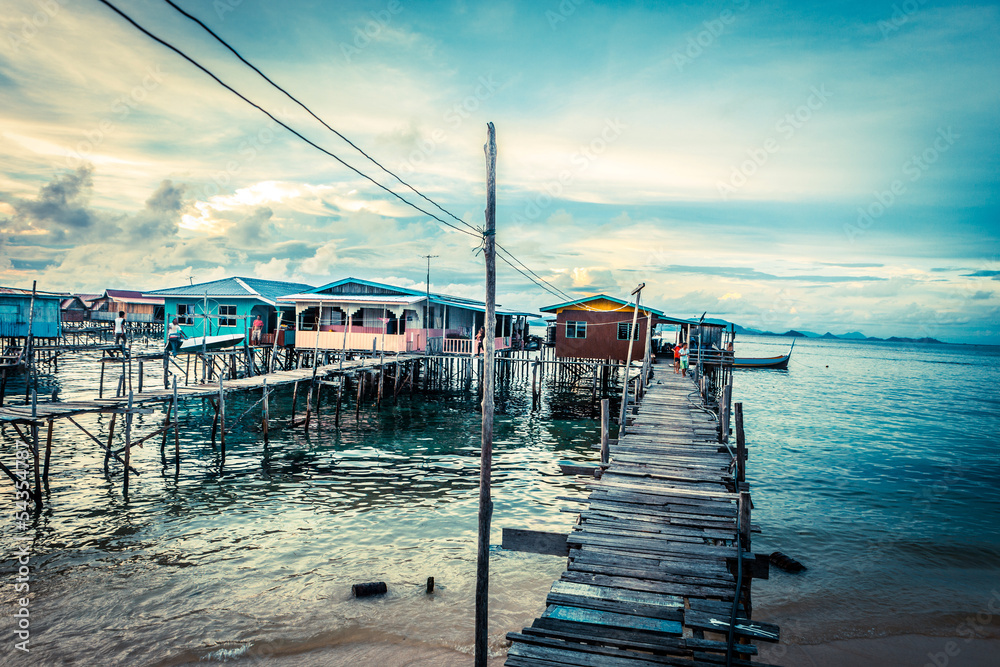 Over water bungalow with bule sky