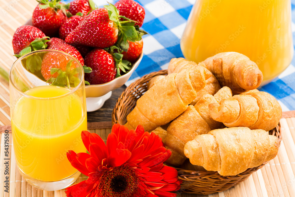 early breakfast, juice, croissants and Berries