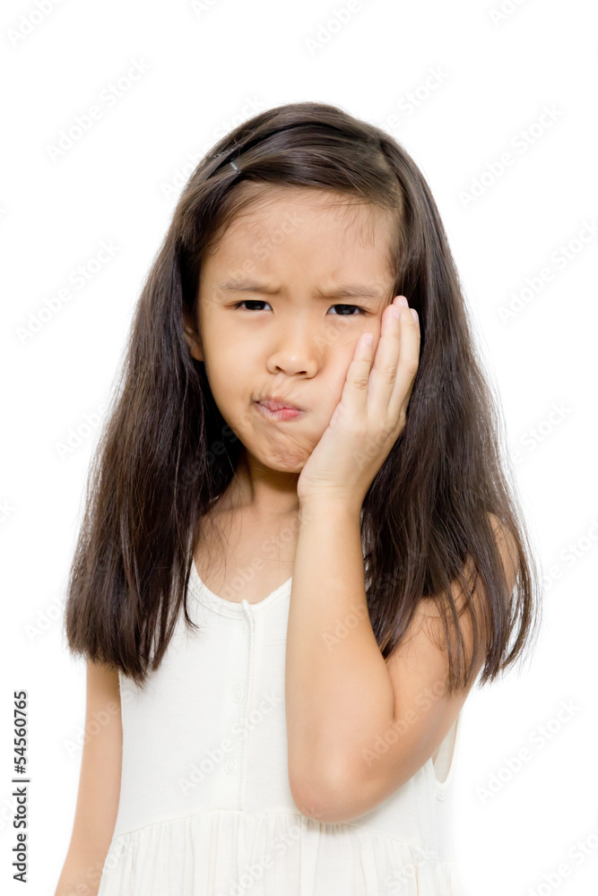 Little girl with toothache action isolated on white background