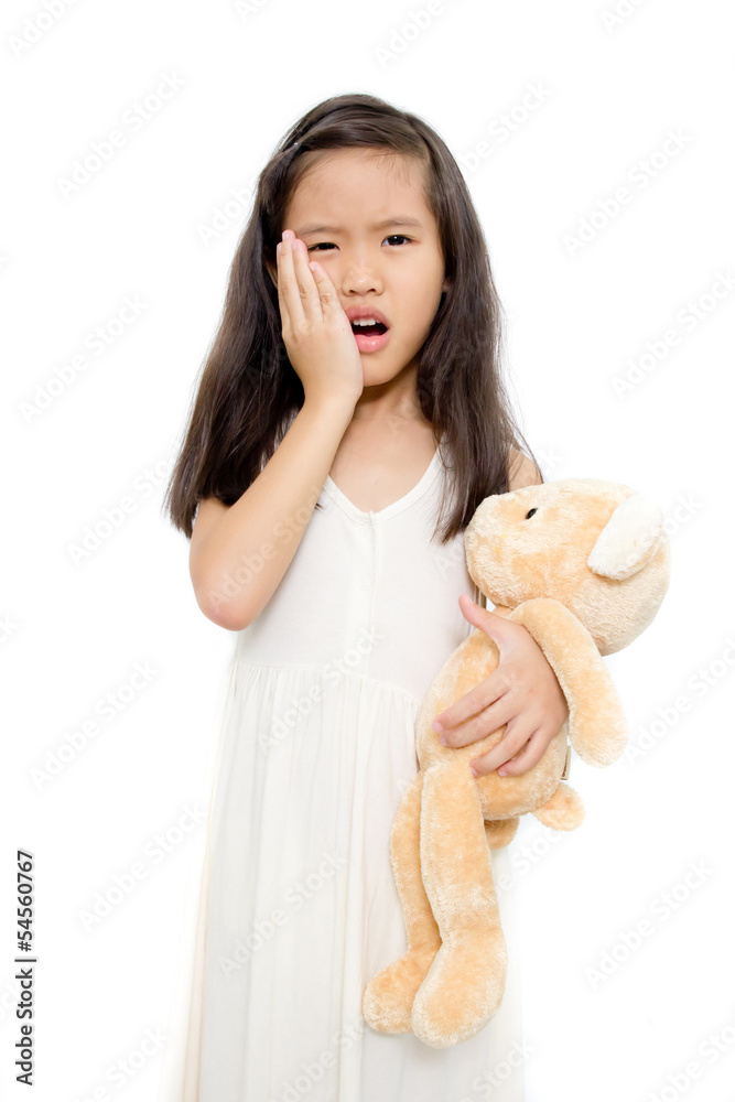 Little girl with toothache action isolated on white background