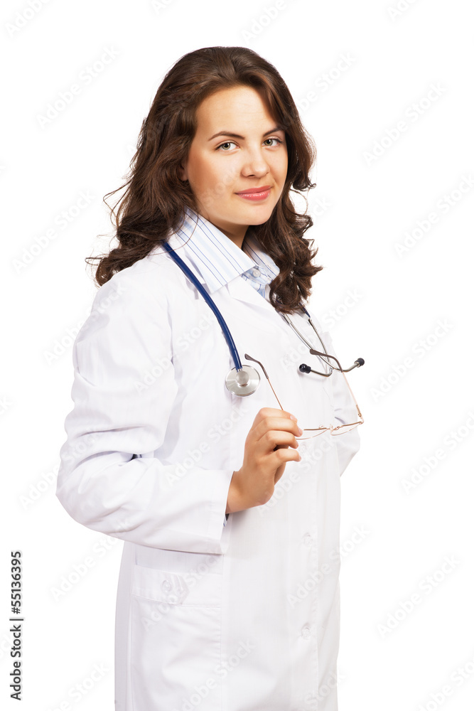 woman doctor holding glasses and smiling