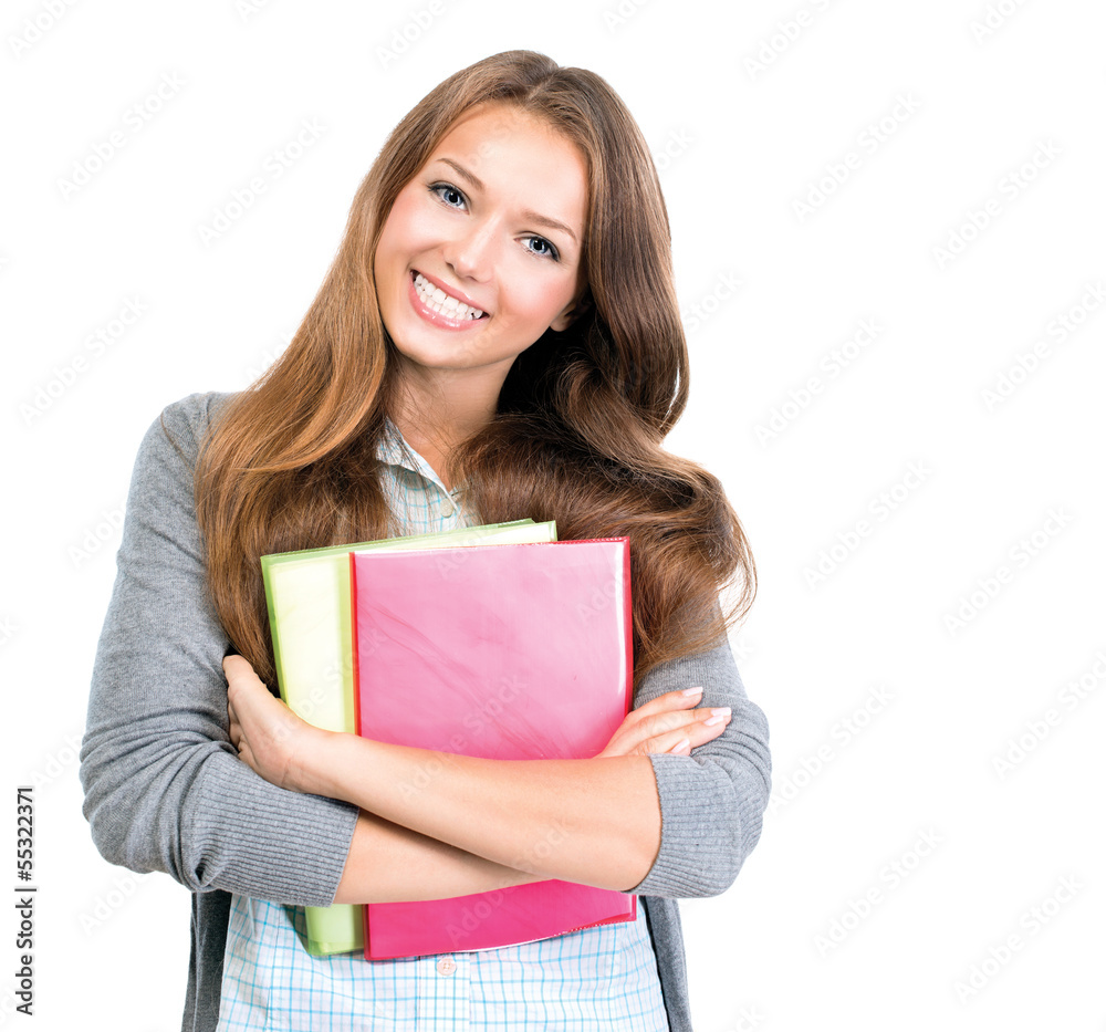 Student Girl Portrait. Cute Teenage Girl Holding Books