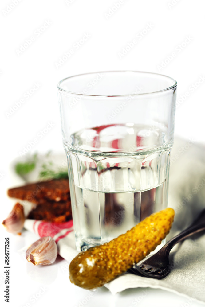 Russian vodka with traditional black bread and pickles