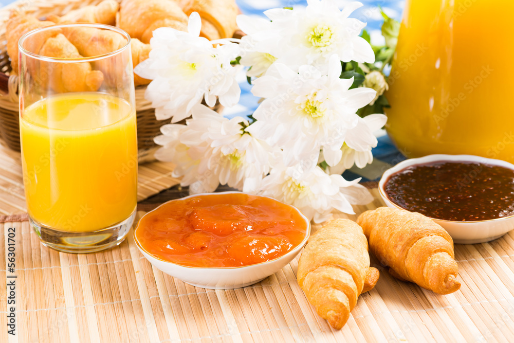 early breakfast, juice, croissants and jam