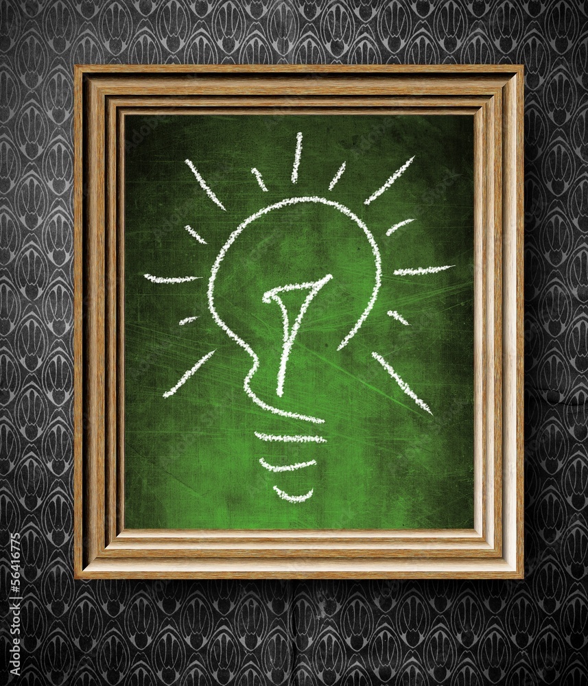 Idea concept light bulb chalkboard in old wooden frame