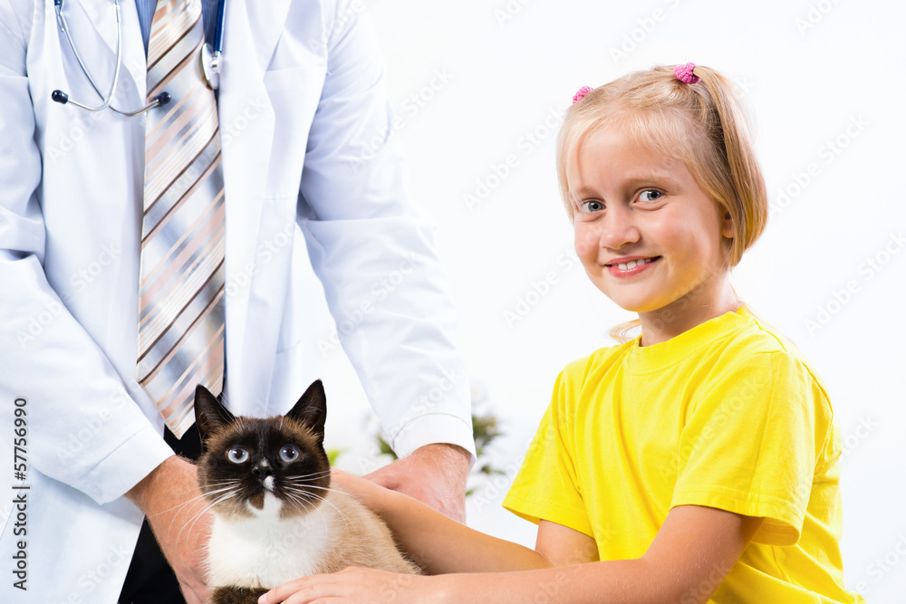 girl brought the cat to the veterinarian