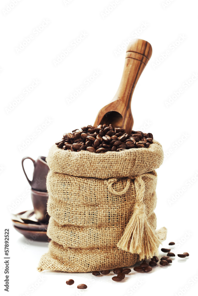 Coffee beans in burlap sack