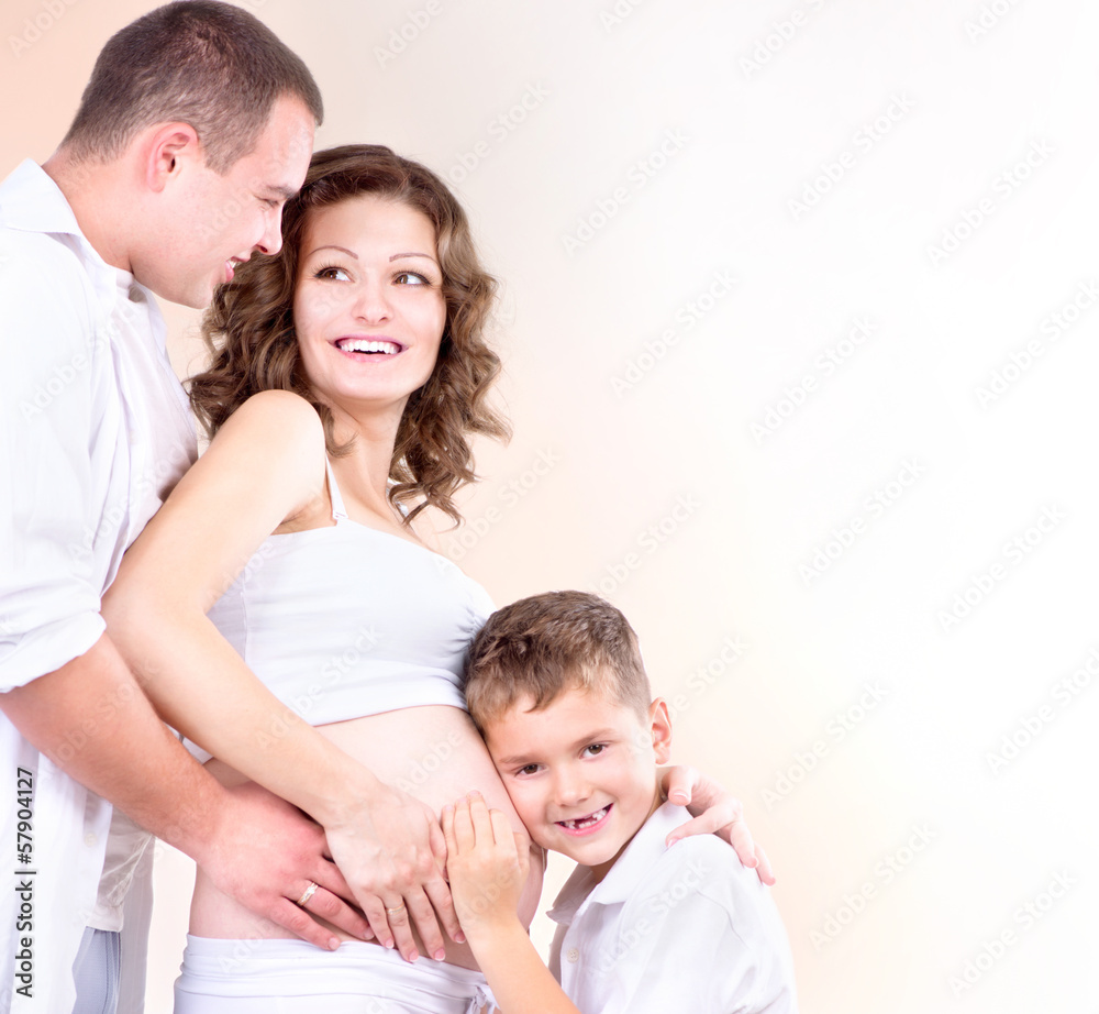 Happy Family Expecting Baby. Kid Listening Pregnant Belly