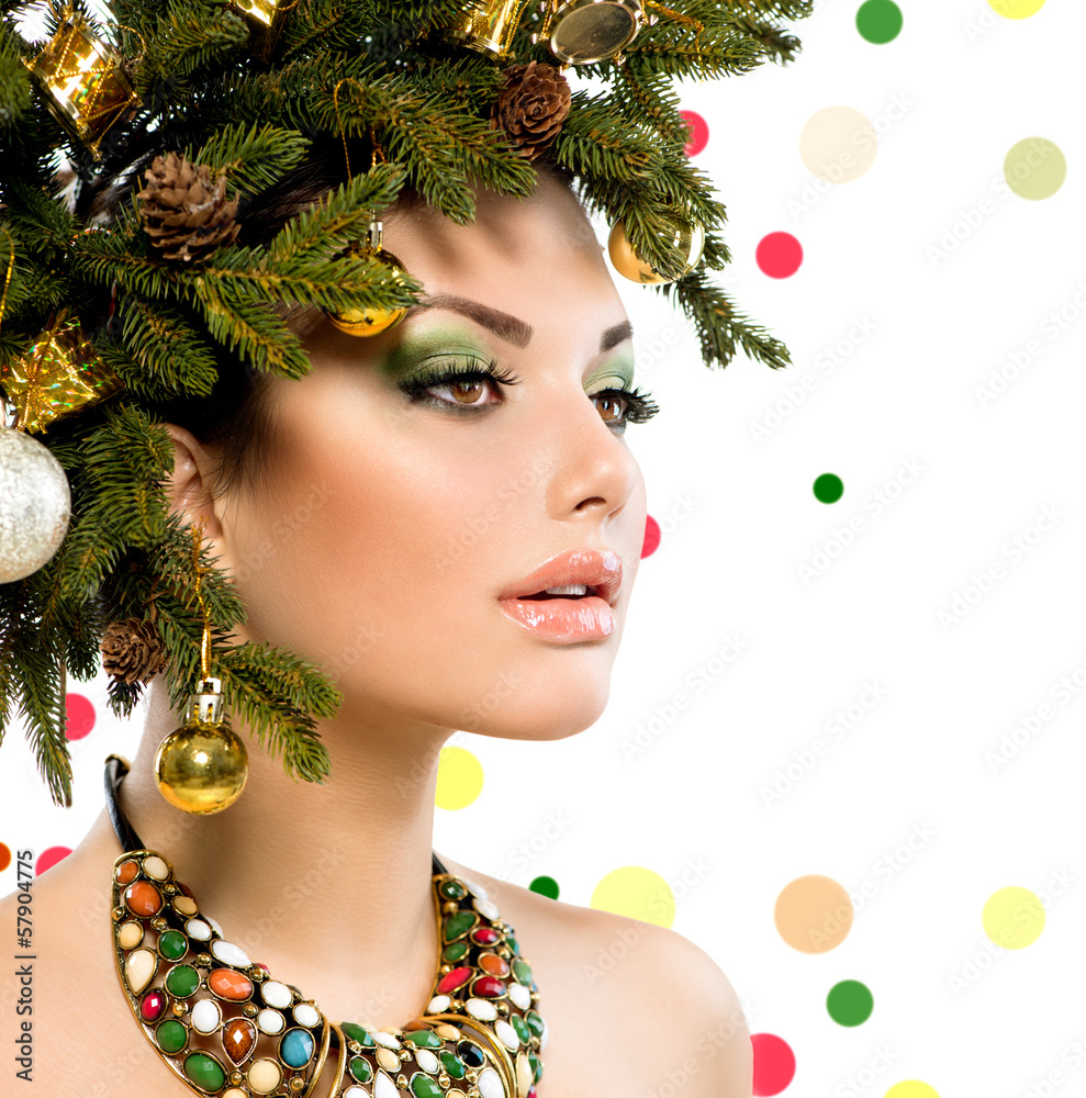 Christmas Woman. Christmas Holiday Hairstyle and Makeup