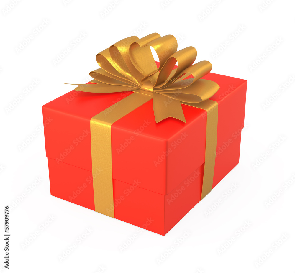 Red gift box wrapped with gold ribbon