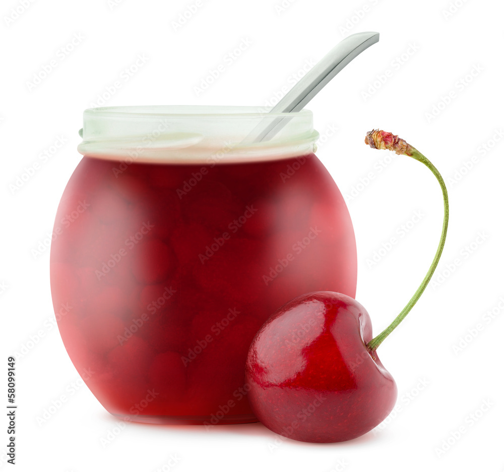 Isolated fruit jam. Open glass jar with cherry jam isolated on white background