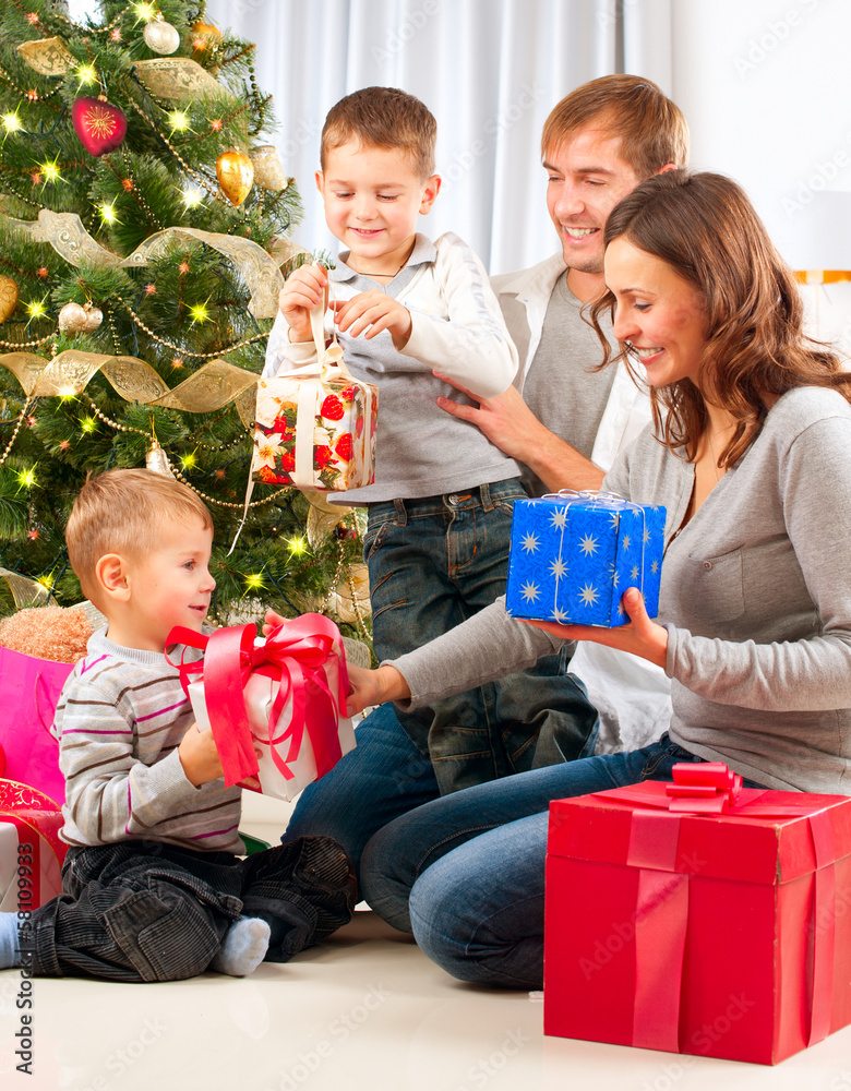 Christmas Big Family with Children near the Christmas Tree