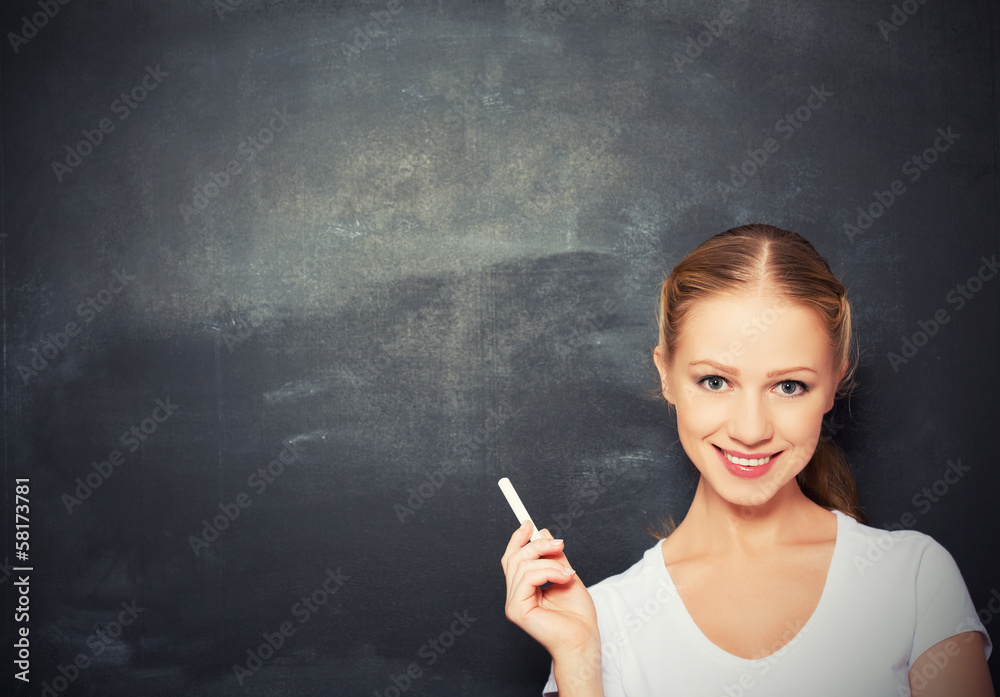 woman with chalk on  empty blackboard