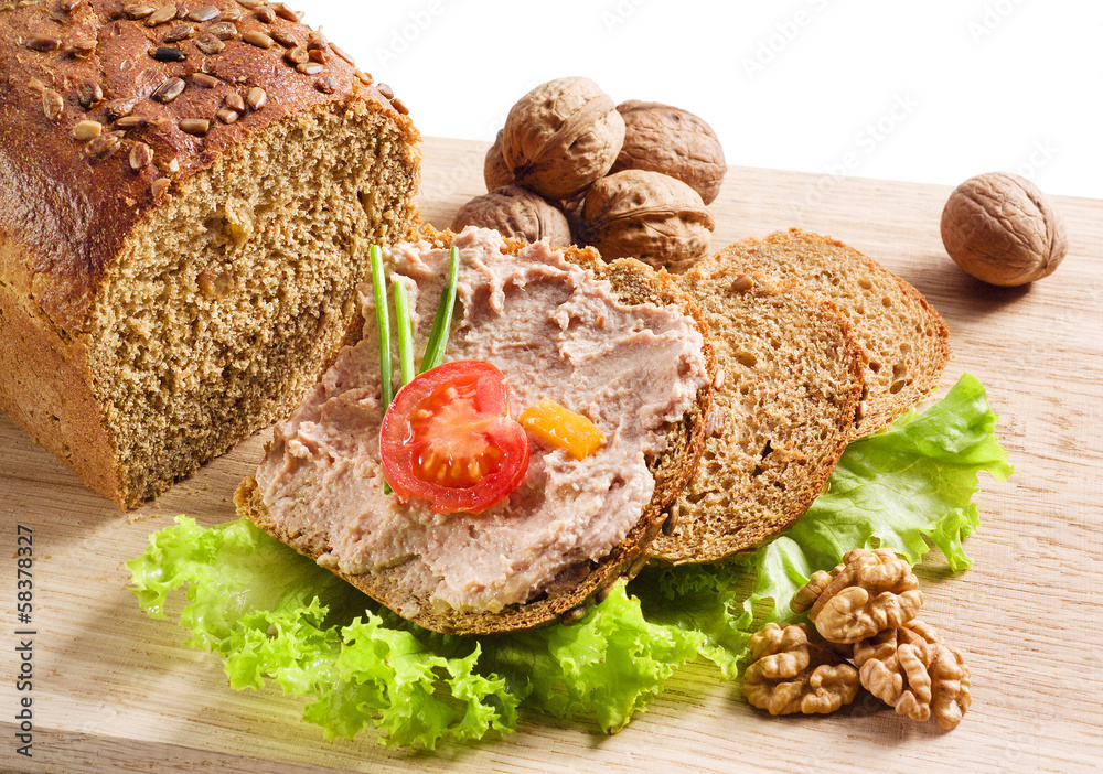 Pate on bread. with tomato and nuts