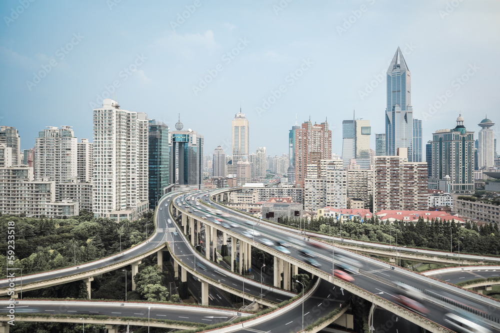 modern city skyline with interchange overpass