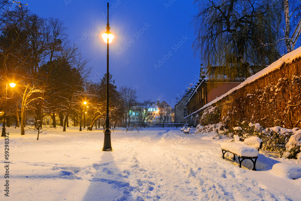 Winter scenery in snowy park of Gdansk, Poland