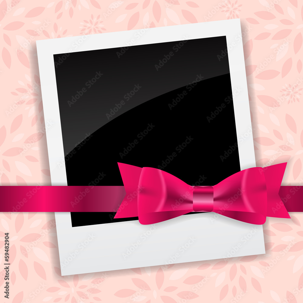 Valentine`s Day Photo Card with Bow and Ribbon Vector Illustrati