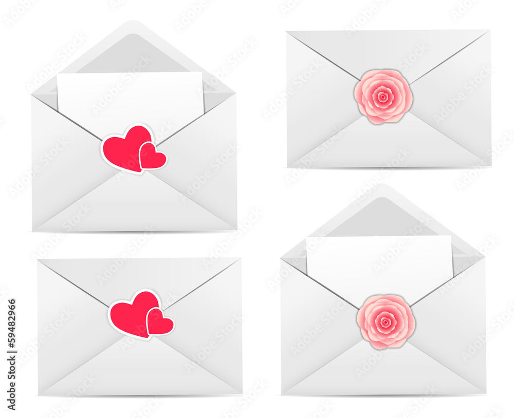 Valentine`s Day Card with Envelope, Heart and Rose Flower Vector