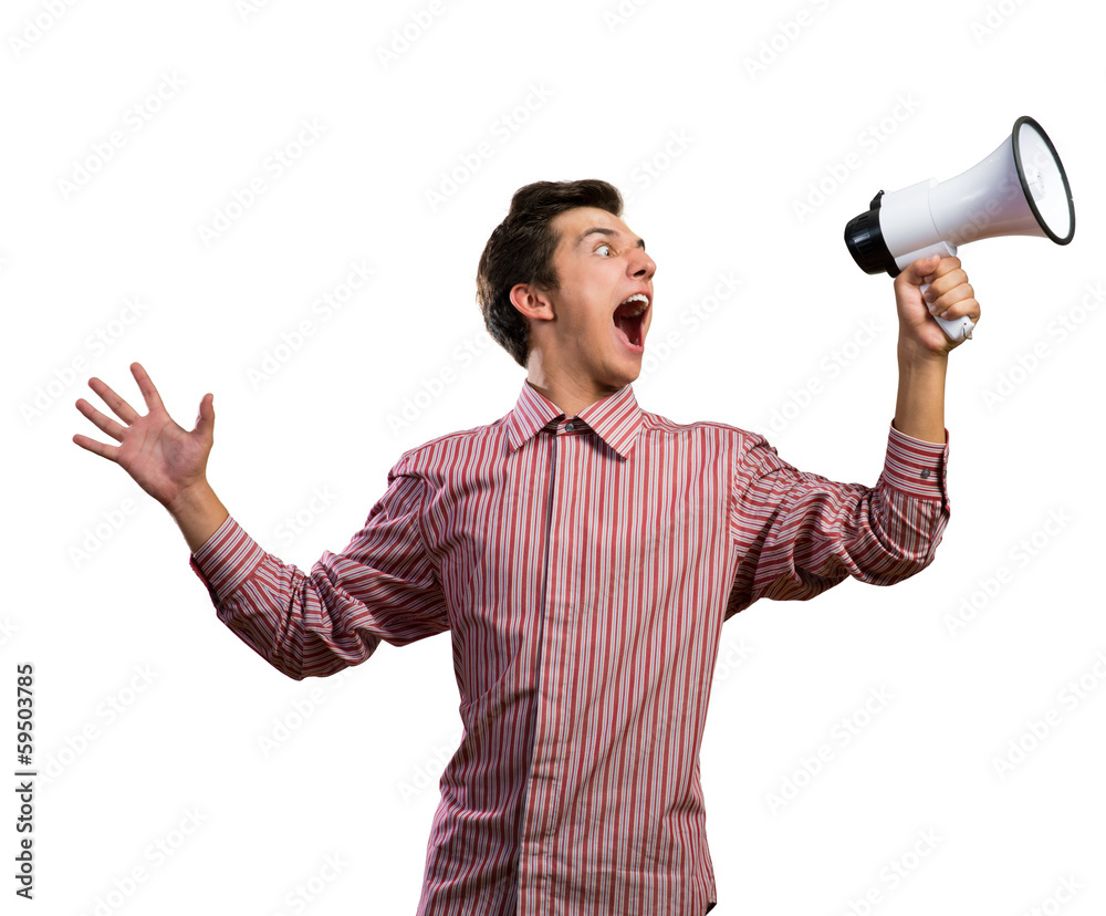 man yells into a megaphone