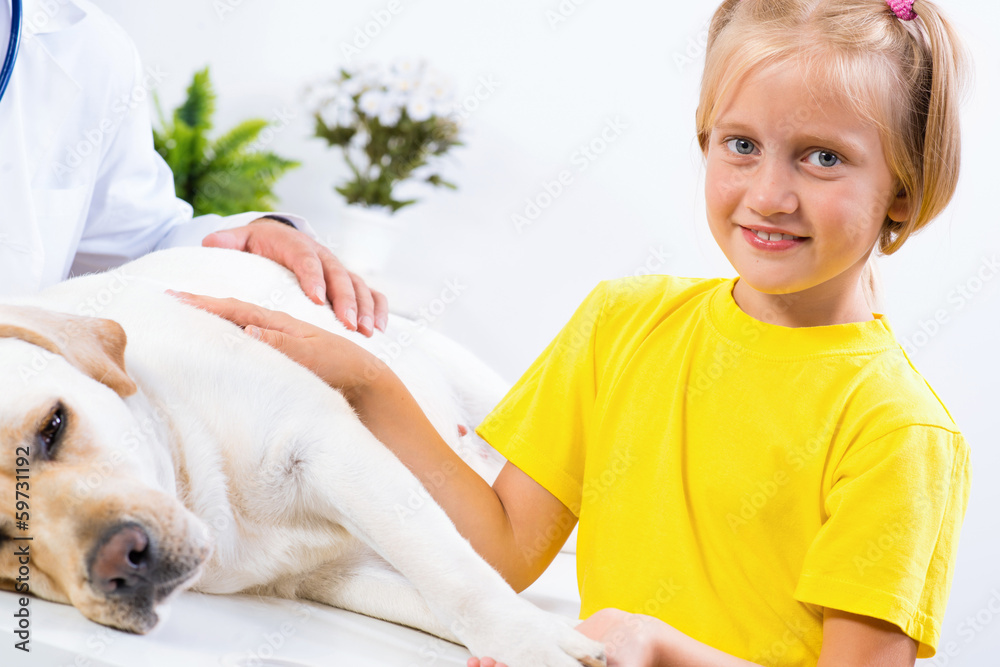 girl holds a dog in a veterinary clinic