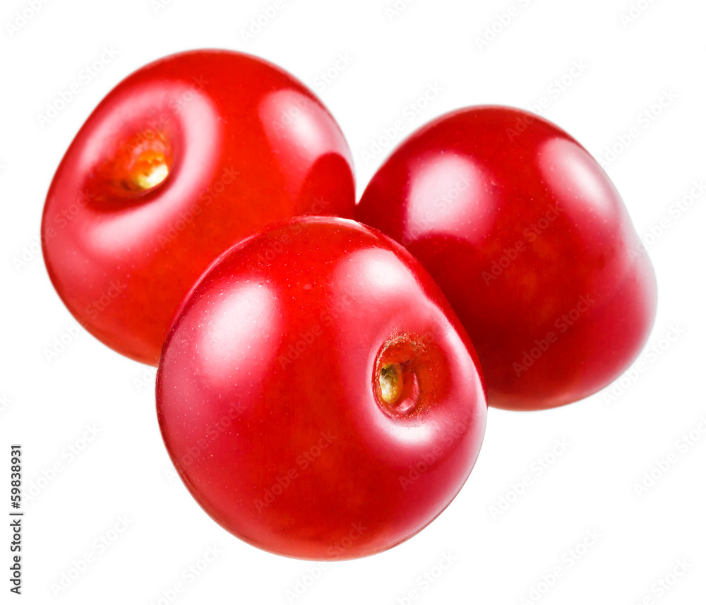 Three sour cherries isolated on white background