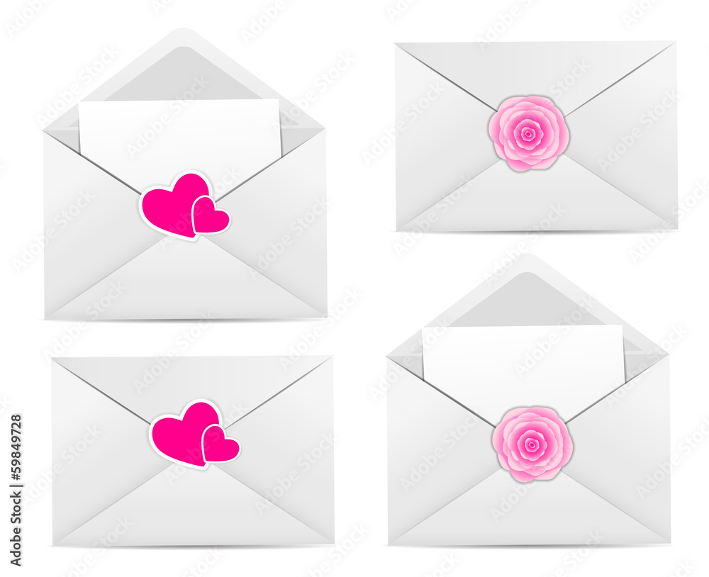 Valentine`s Day Card with Envelope, Heart and Rose Flower Vector