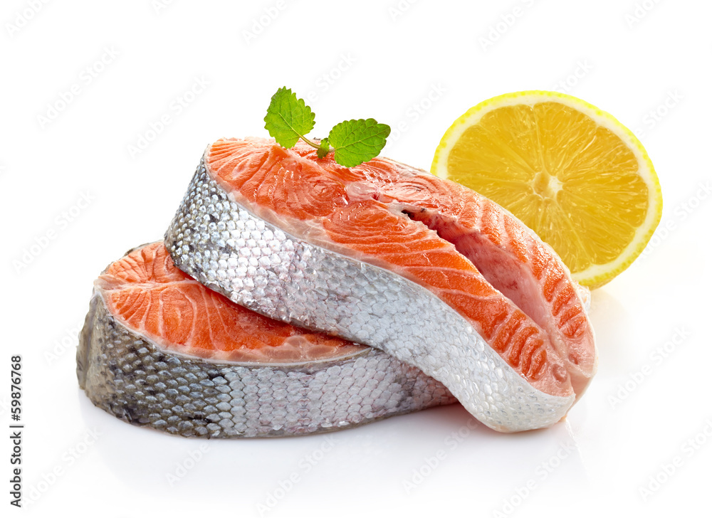 fresh raw salmon steak slices