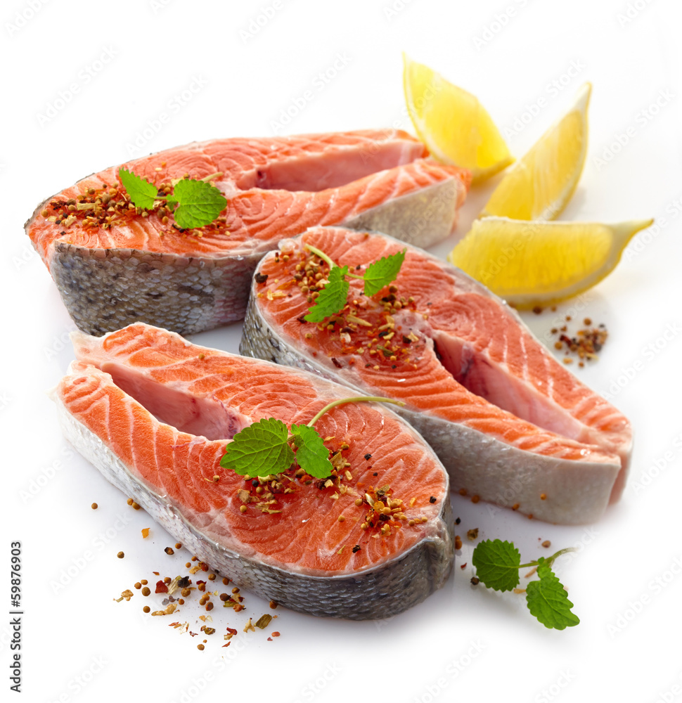 fresh raw salmon steak slices