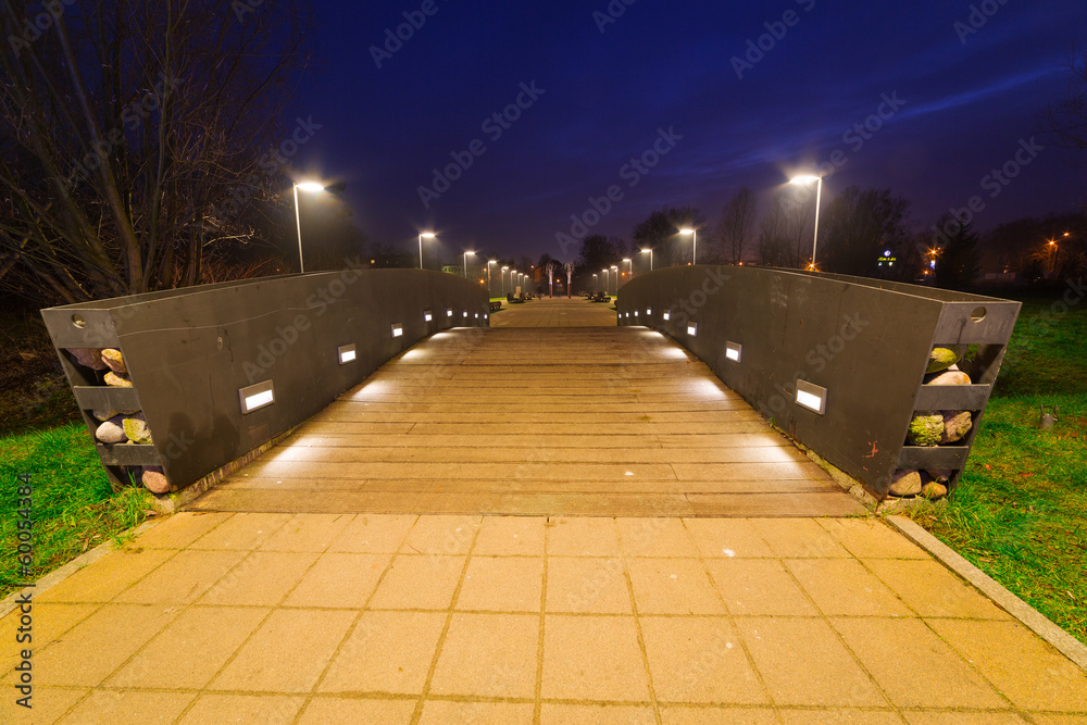 Park pathway in Pruszcz Gdanski at night, Poland