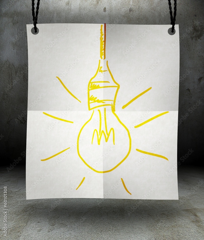 Idea light bulb on paper poster hanging on rope