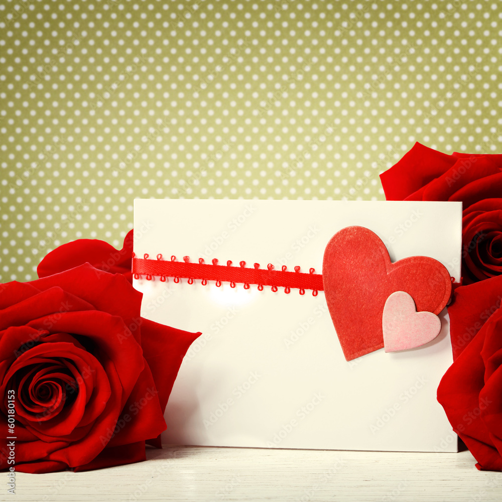 Hearts greeting card with red roses