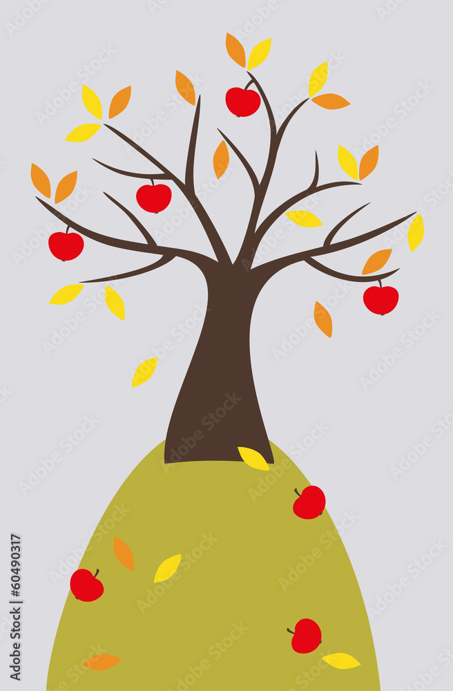 Apple tree with ripe fruits and colored leaves