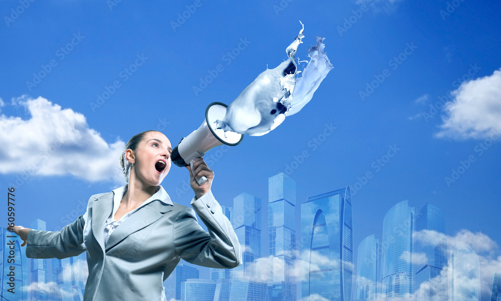 business woman cooks shouting into a megaphone