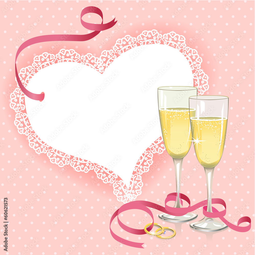 wedding card with rings and glasses