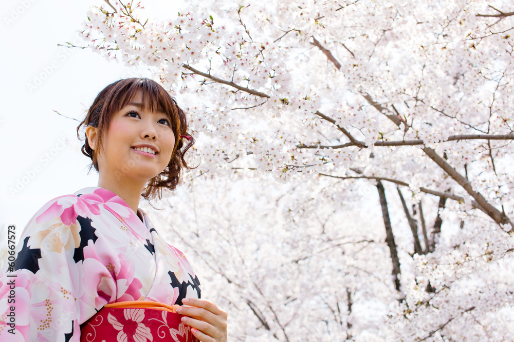 日本和服女人和樱花