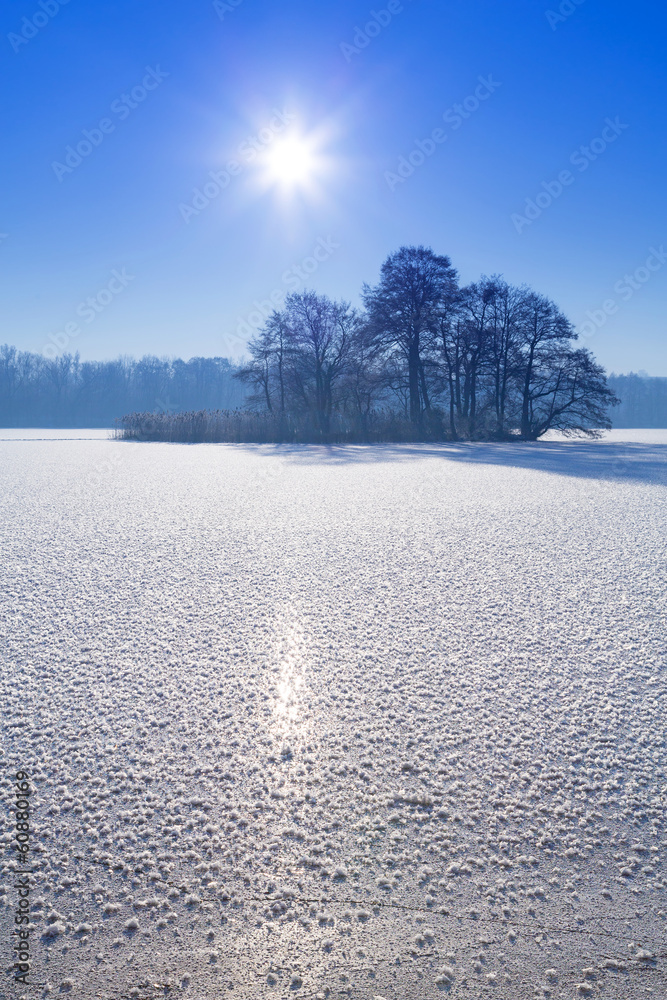 Winter scenery of frozen lake in Poland