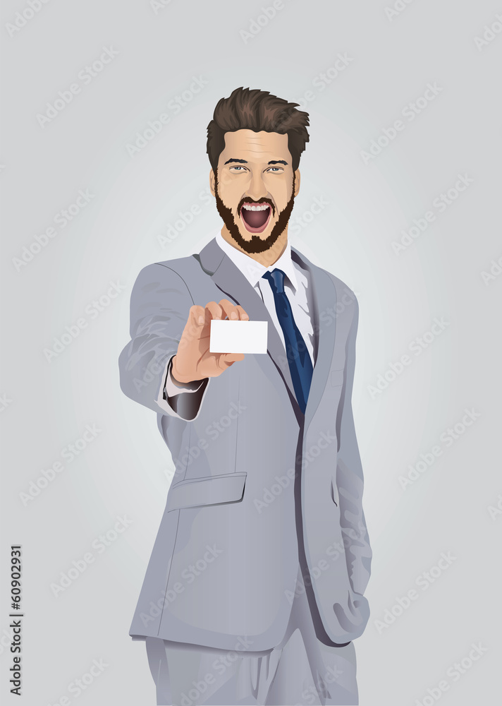 Smiling well dressed businessman showing business card