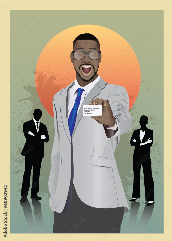 Excited businessman in suit showing card