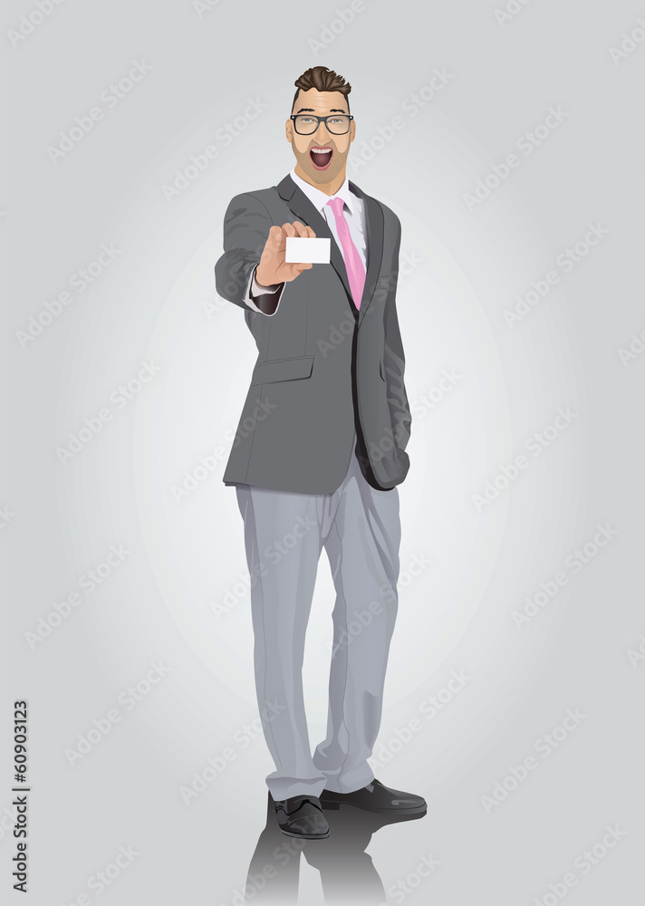 Smiling businessman with facial hair showing business card