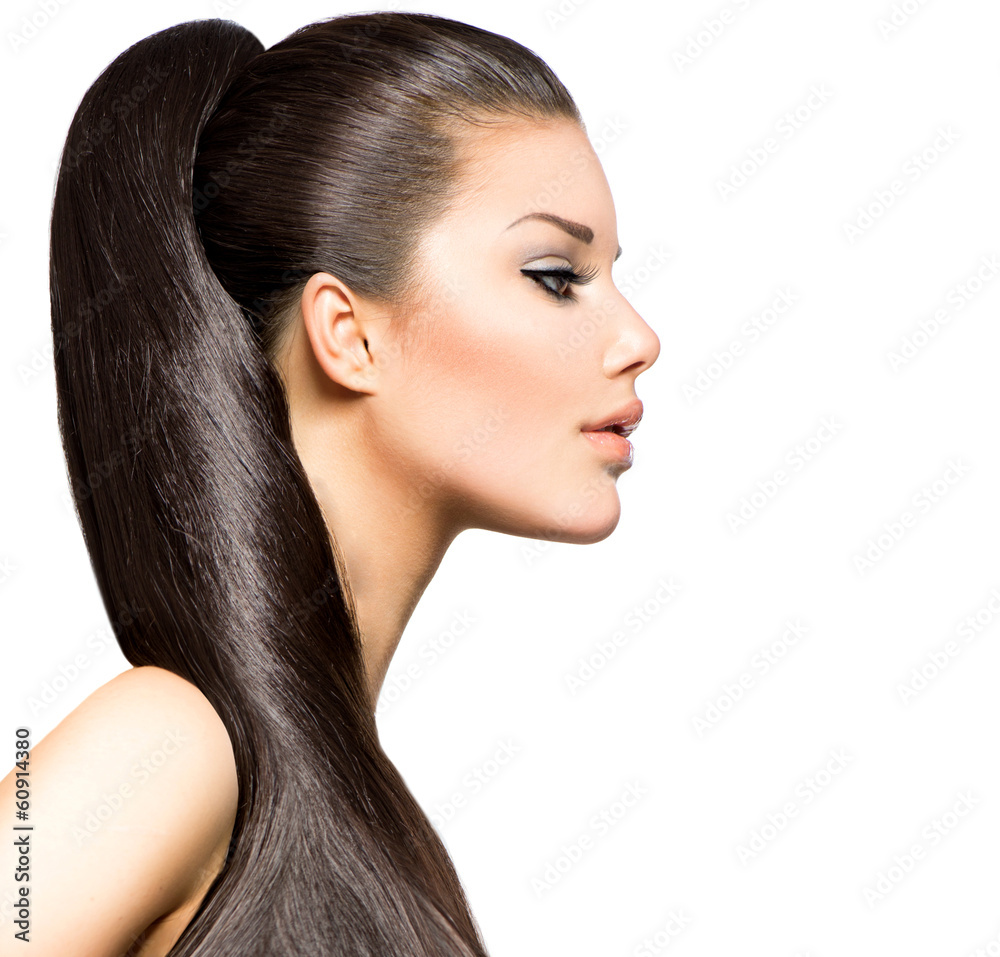 Ponytail Hairstyle. Beauty Brunette Fashion Model Girl