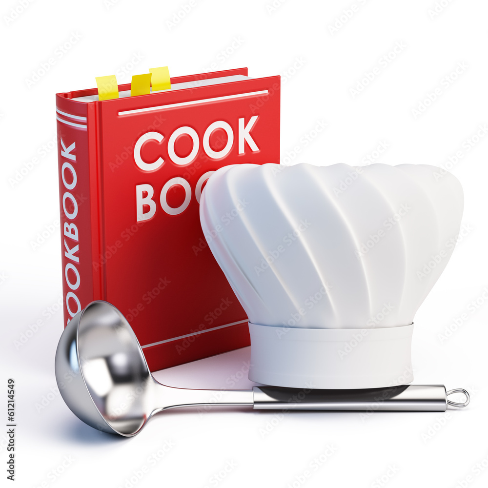 Cookbook, Chef Hat and soup ladle on white background