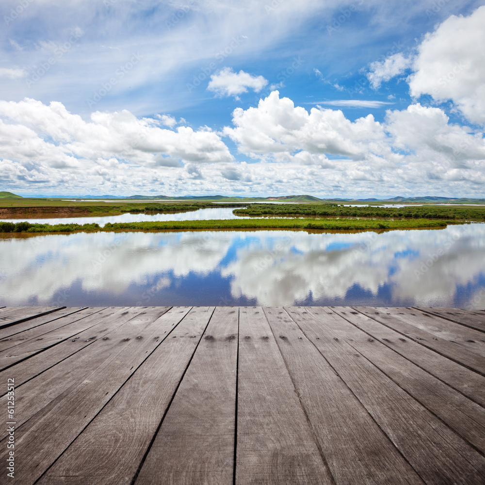 summer landscape with river and blue sky