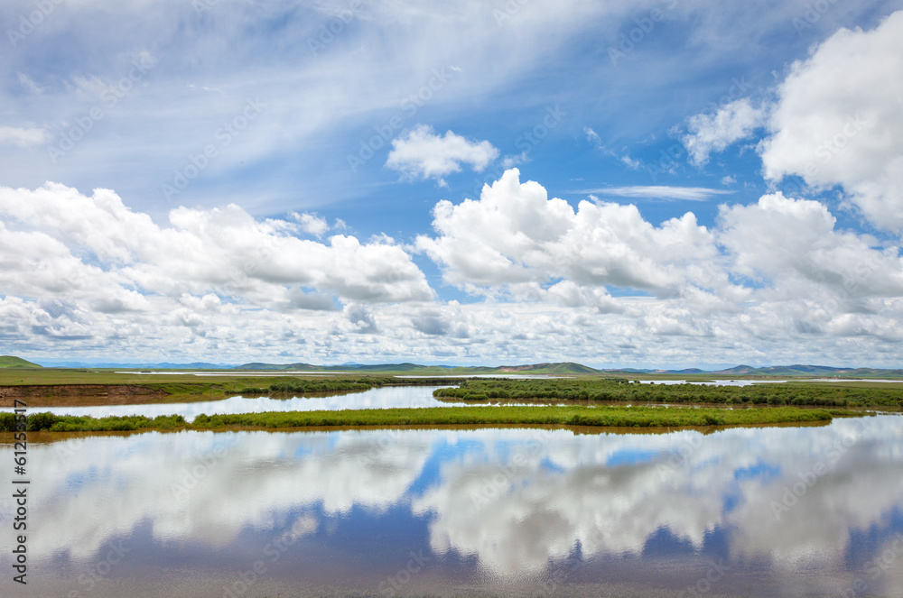 Blue sky and white clouds. Green field and summer forest