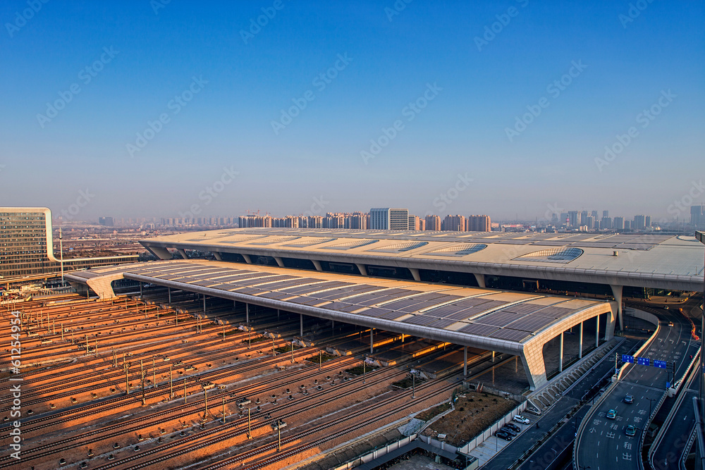 top view of railway station with sunset