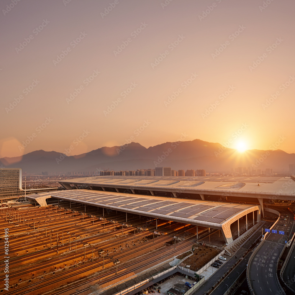 top view of railway station with sunset