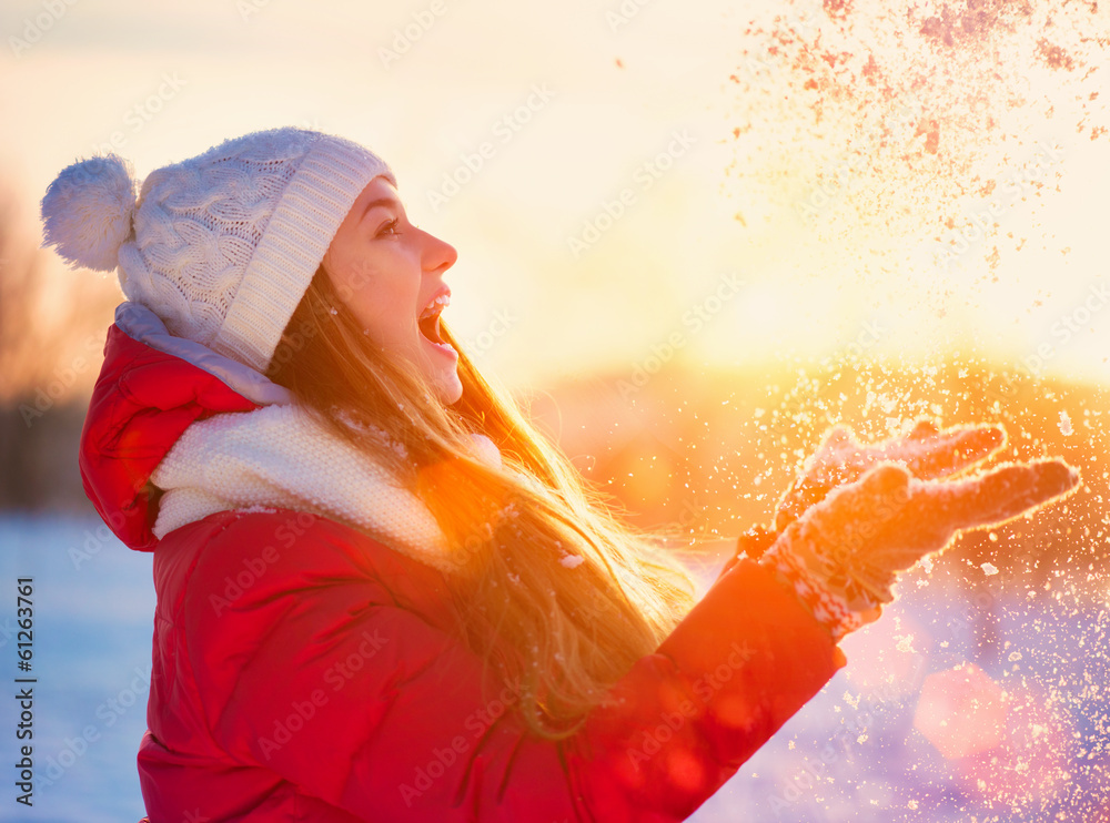 Beauty Winter Girl Having Fun in Winter Park