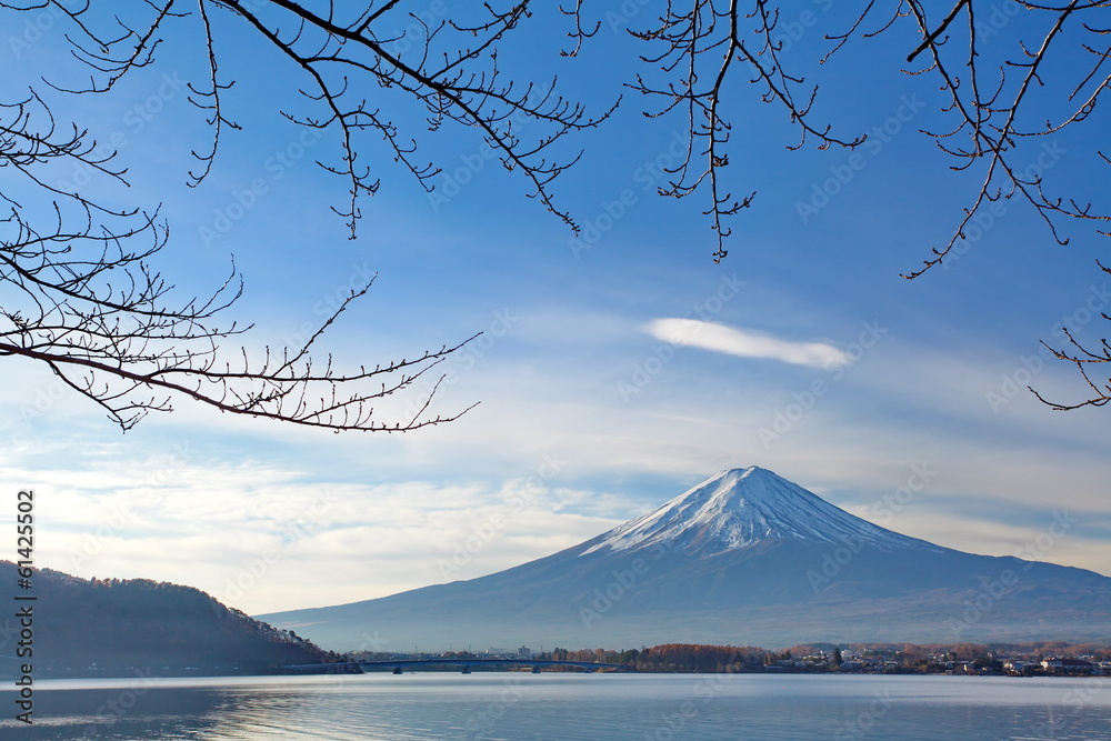 Mountain Fuji in winter morning from lake kawaguchiko