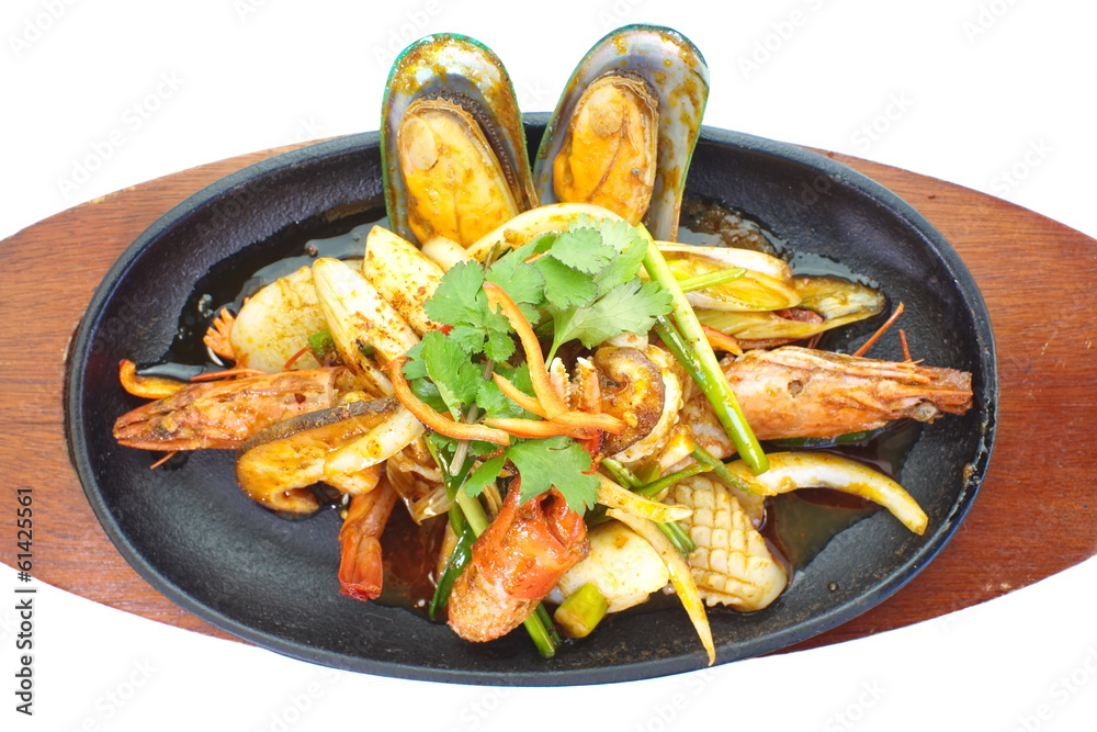 asian seafood pan fried on white background