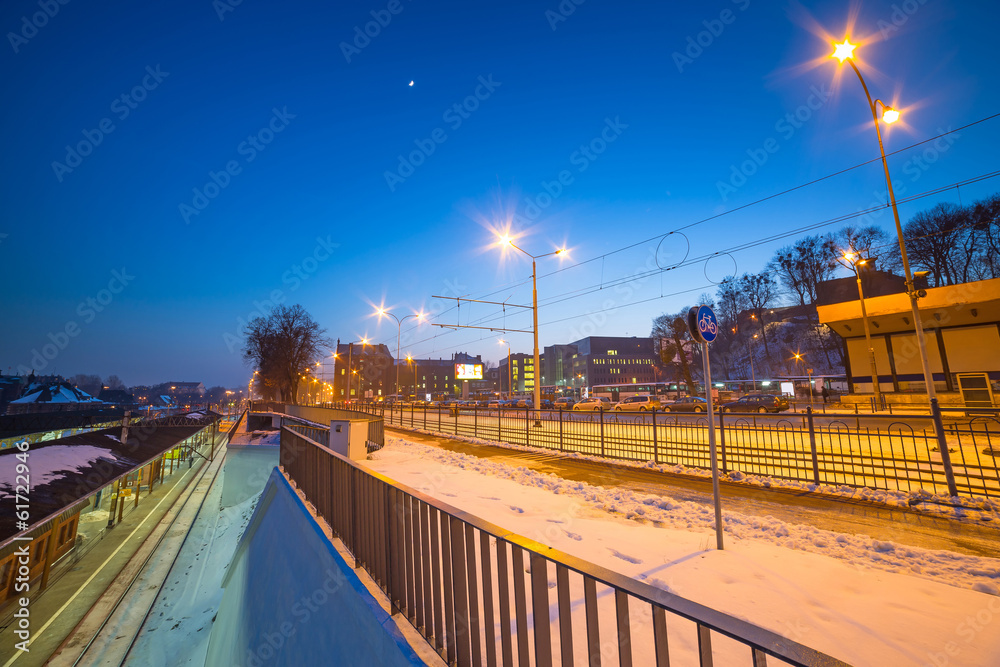 Main railway station at night in Gdansk, Poland