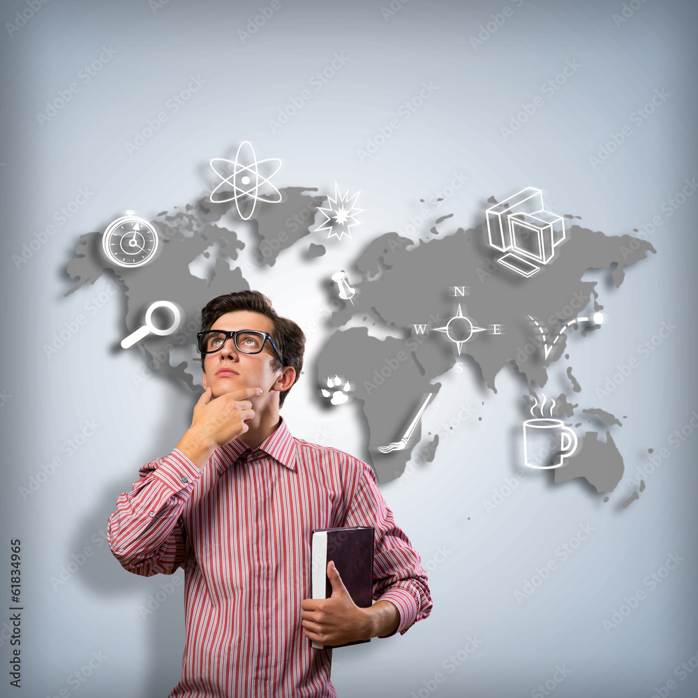 young man scientist with glasses thinking